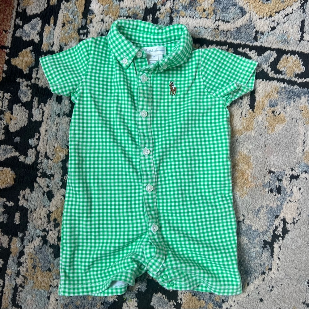 100% cotton Ralph Lauren Green Checkered gingham Baby boy Romper no flaws 6m